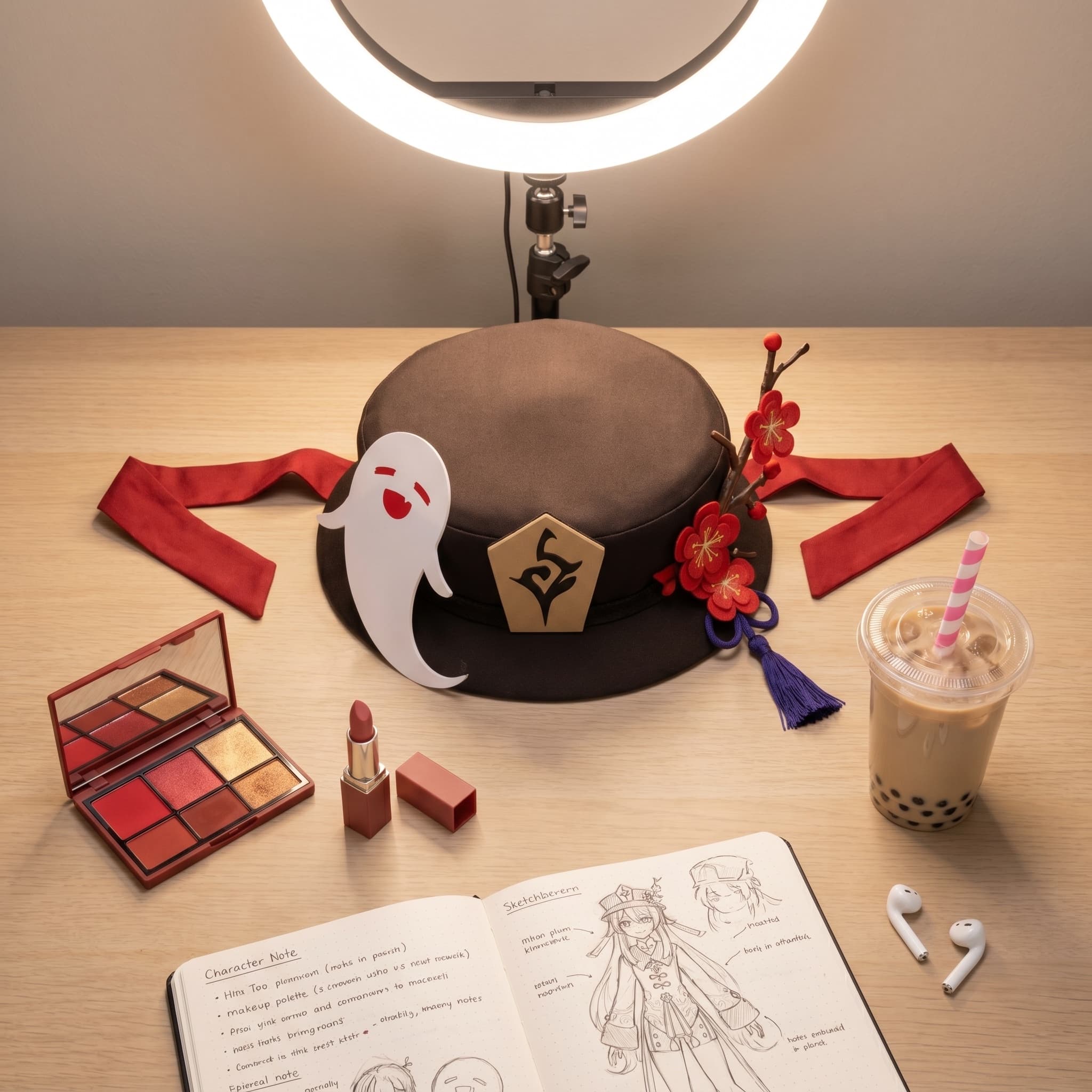 makeup desk corner, hexagonal LED mirror, soft pink lipstick out