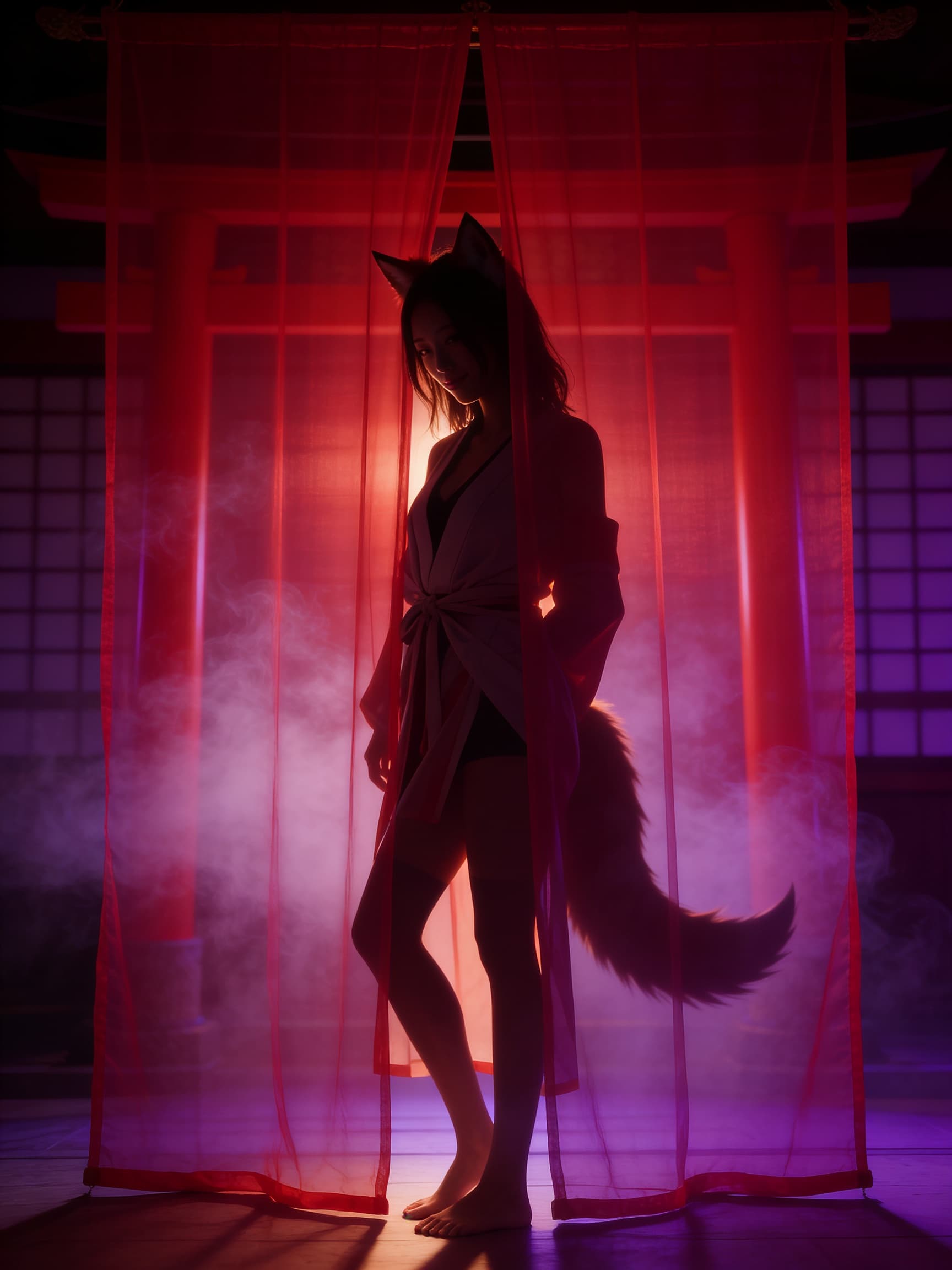 cyber kitsune shrine cosplay behind red curtain, fox ears silhouette and neon talismans