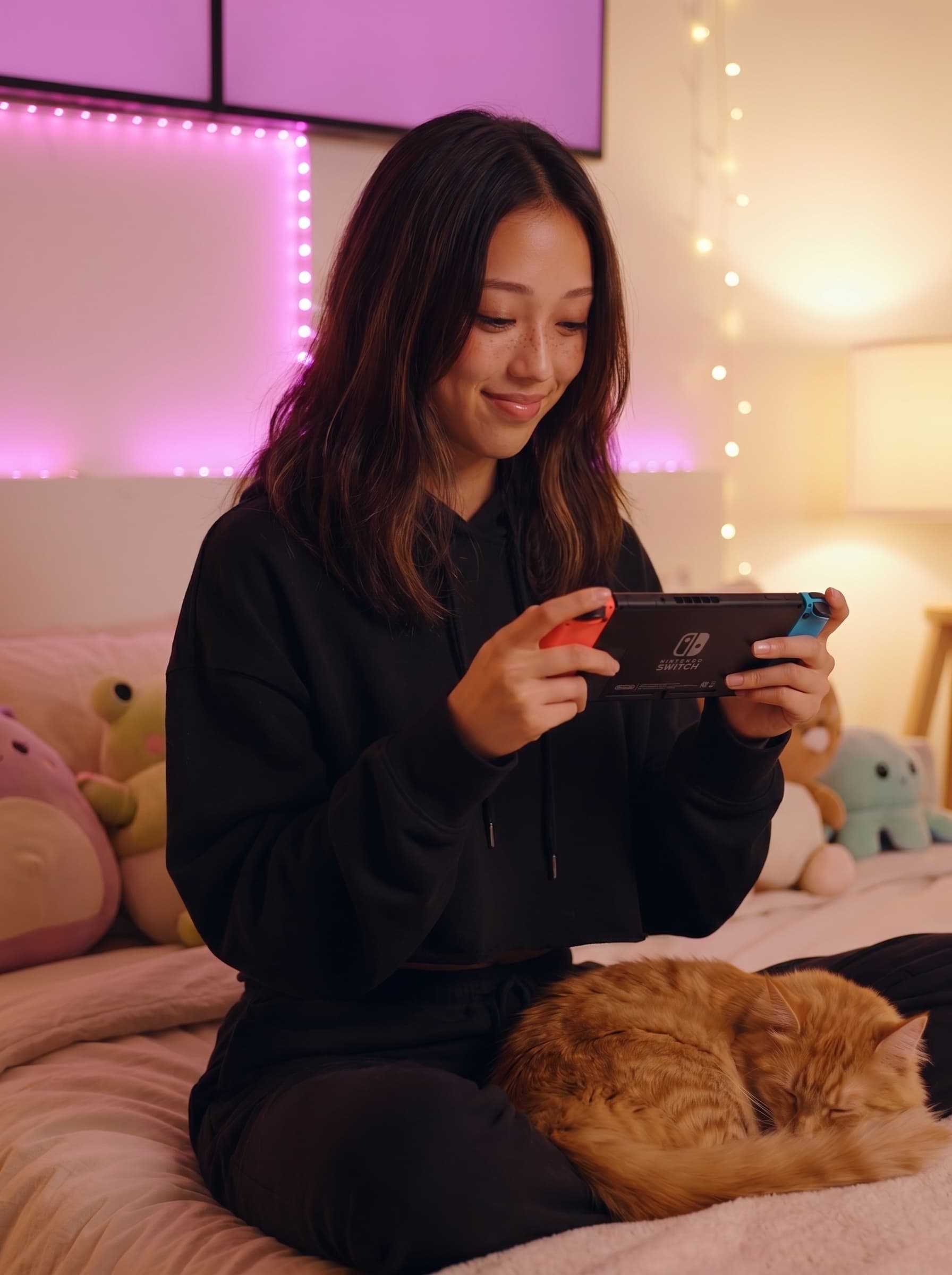 mira in oversized hoodie, switch in hands, soft pink purple LED bias