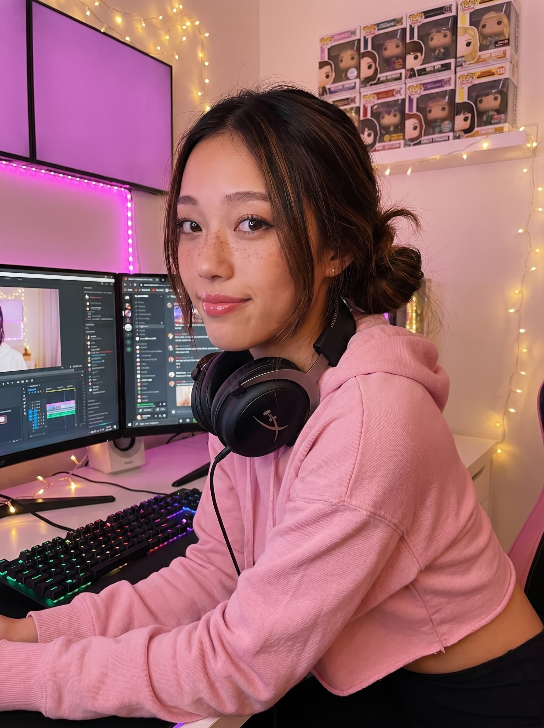 mira chin on knees on the bed, plushie pile, sleepy half smile