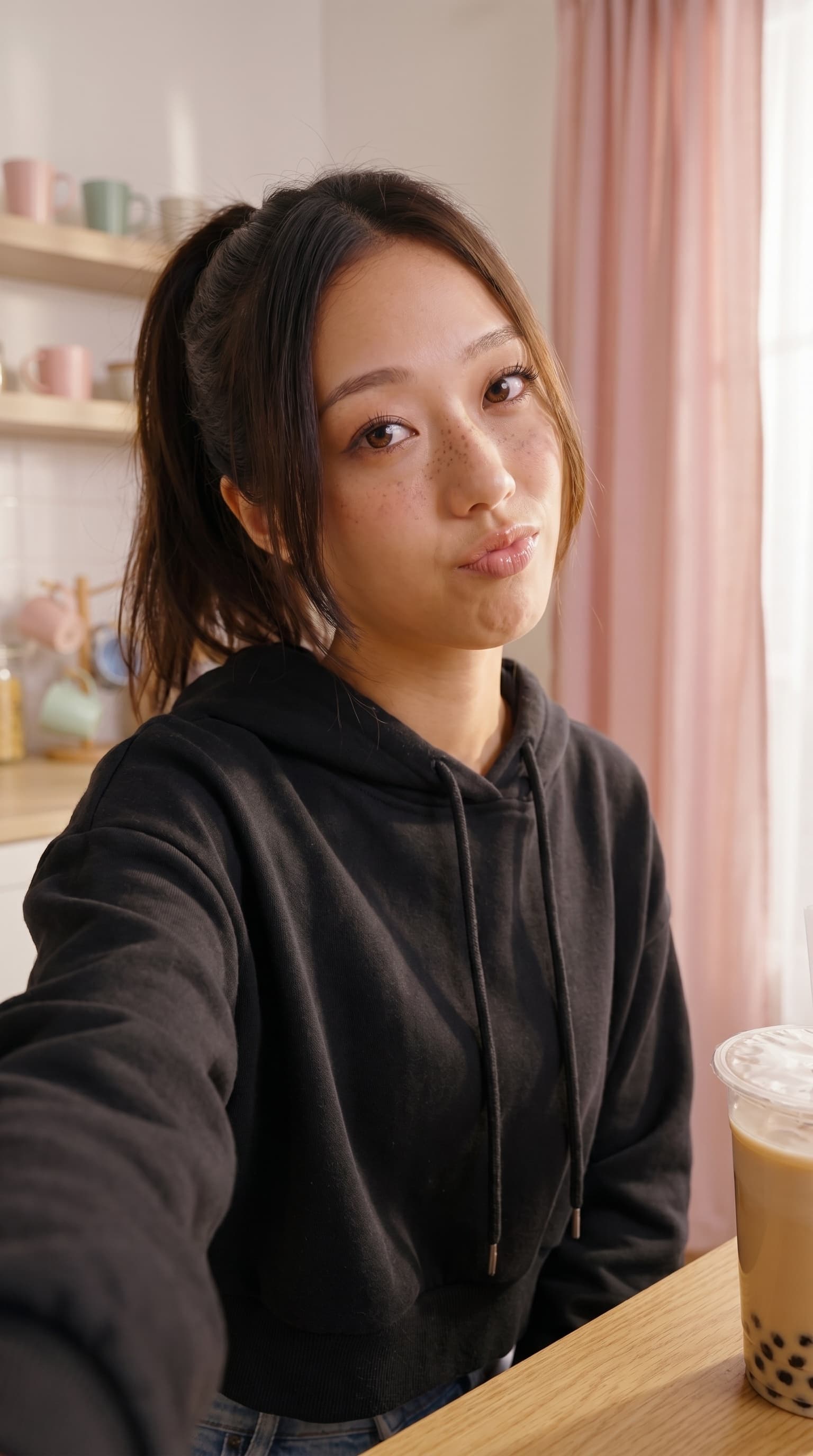 mira soft profile, hair falling across cheek